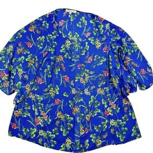 Rose & Olive 2X‎ Blue Floral Print Open Front Kimono Cover Up Top